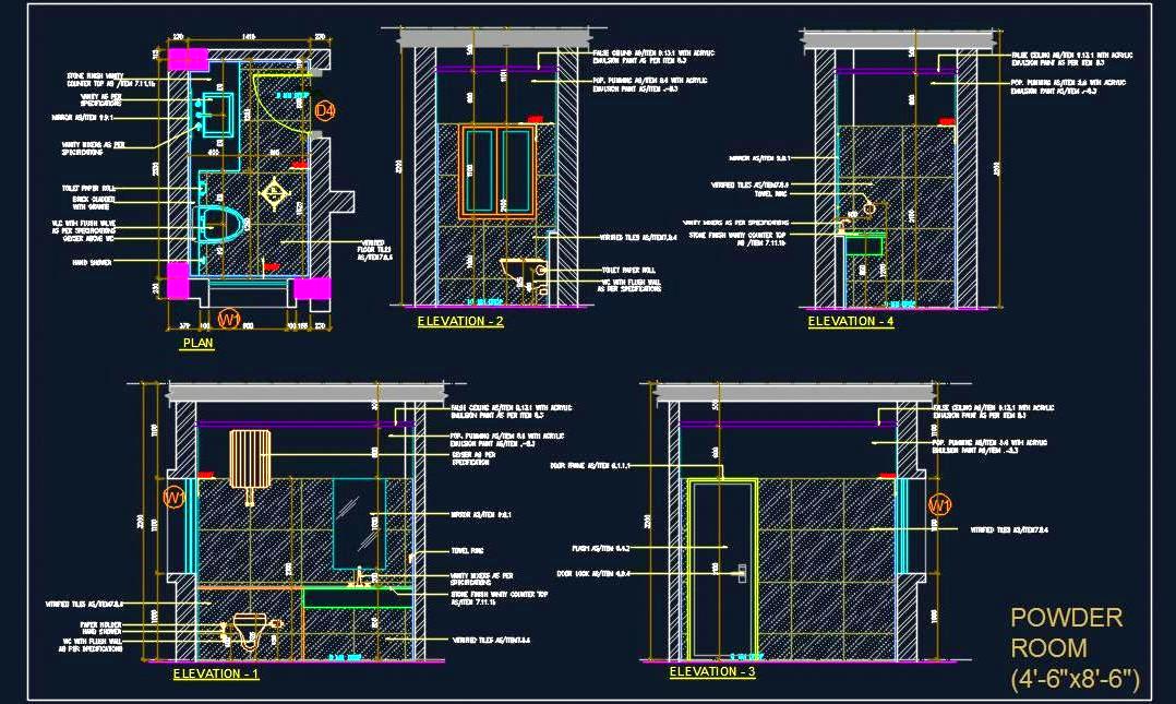 Powder Room DWG Design 4' x 8' with WC and Basin